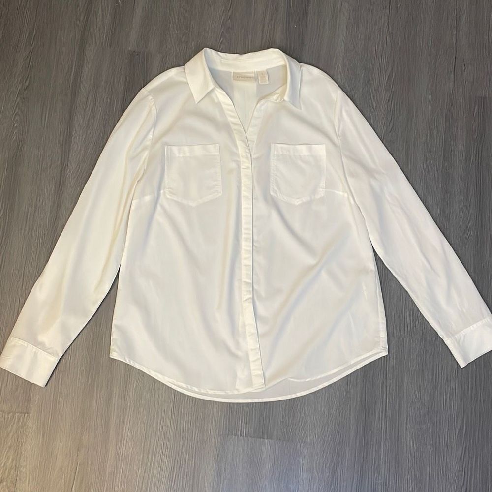 Chico’s White Button Down Top White long sleeve Blouse Size 1 Size Medium